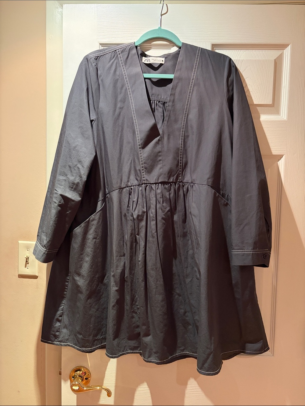 Zara Charcoal Gray Long-Sleeve V-Neck Gathered Waist Dress